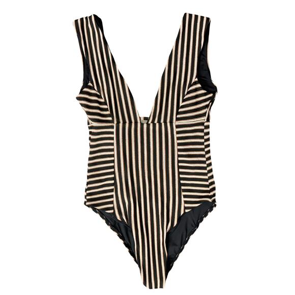 L Space Black Rose Gold White Striped Deep V Neck One Piece Swimsuit size 4 - Picture 10 of 11